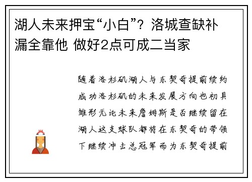 湖人未来押宝“小白”？洛城查缺补漏全靠他 做好2点可成二当家