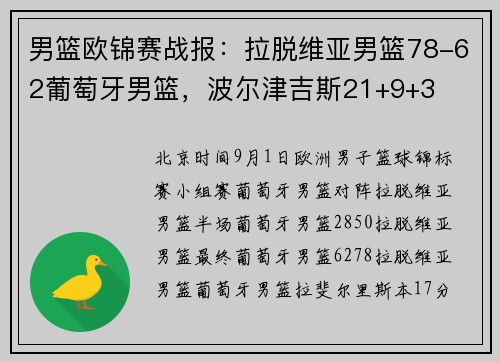 男篮欧锦赛战报：拉脱维亚男篮78-62葡萄牙男篮，波尔津吉斯21+9+3